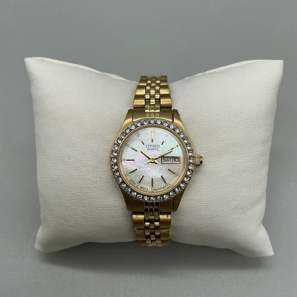 Citizen Womens Watch 25mm MOP Gold Tone Crystal Day Date New Battery 5.75